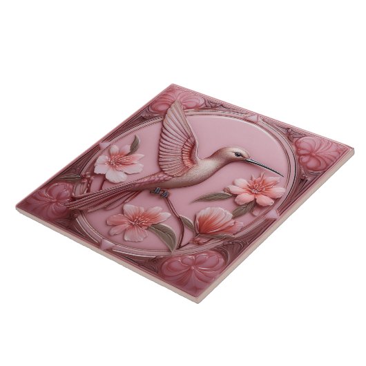 Dusty pink faux relief Art Nouveau Hummingbird R Tegeltje (Zijkant)