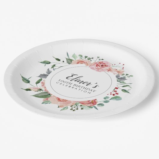 Dusty Pink Floral 100th Birthday Hartelijk dank Papieren Bordje (Gekanteld)