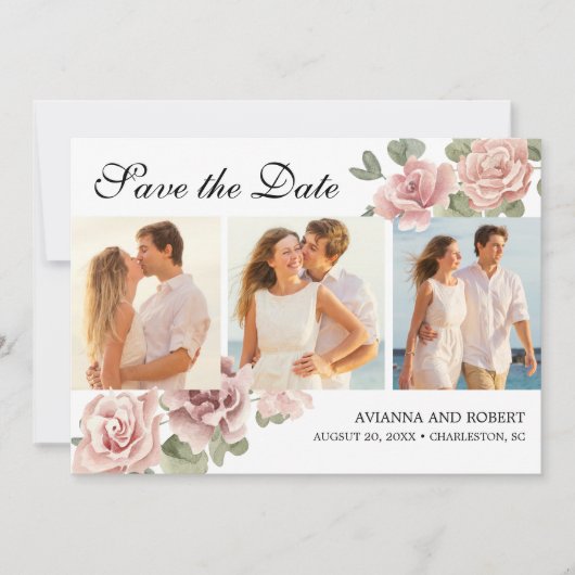 Dusty Pink Floral 3 Foto Modern Weddenschap Save The Date (Voorkant)