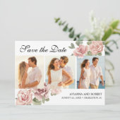 Dusty Pink Floral 3 Foto Modern Weddenschap Save The Date (Staand voorkant)