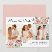 Dusty Pink Floral 3 Foto Modern Weddenschap Save The Date (Voorkant / Achterkant)