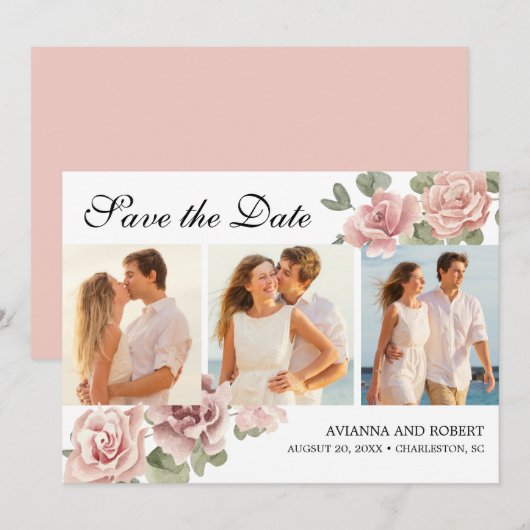 Dusty Pink Floral 3 Foto Modern Weddenschap Save The Date (Voorkant / Achterkant)