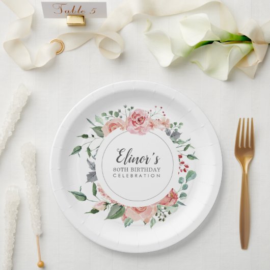 Dusty Pink Floral 80th Verjaardag Dank u Papieren Bordje (Huwelijk)