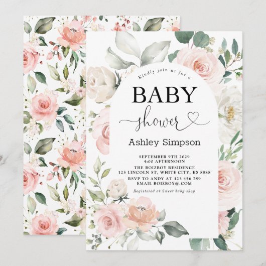 Dusty Pink Floral Baby shower Kaart (Voorkant / Achterkant)
