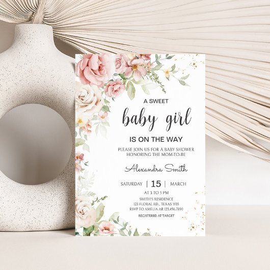 Dusty Pink Floral Baby shower Kaart