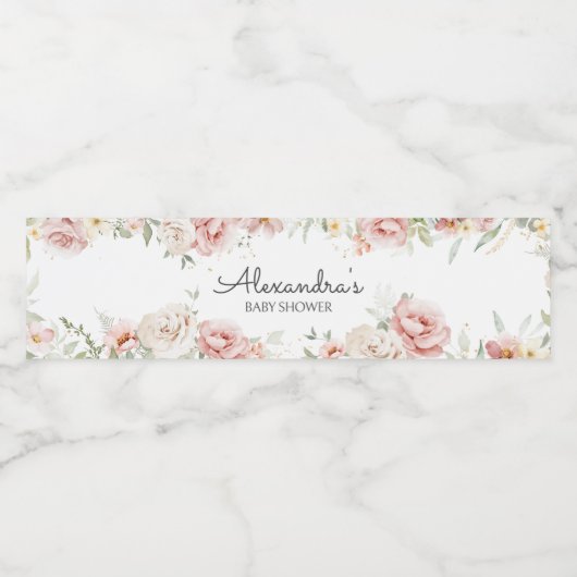 Dusty Pink Floral Baby shower Waterfles Etiket (Enkel label)