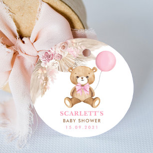 Dusty Pink Floral Boho Teddy Bear Baby shower Ronde Sticker