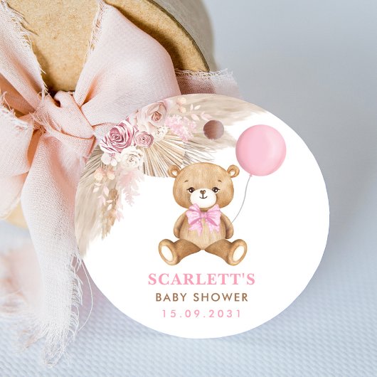 Dusty Pink Floral Boho Teddy Bear Baby shower Ronde Sticker