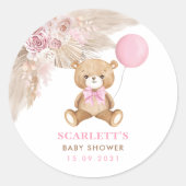 Dusty Pink Floral Boho Teddy Bear Baby shower Ronde Sticker (Voorkant)