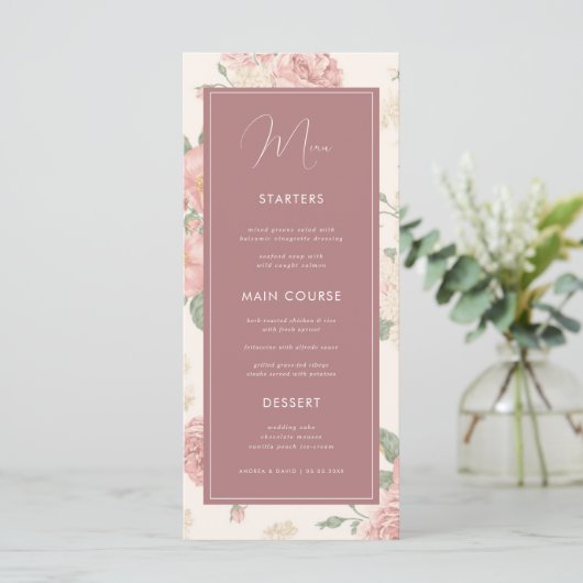 Dusty Pink  Floral Botanical Weddenschap Dinner Menu (Staand voorkant)