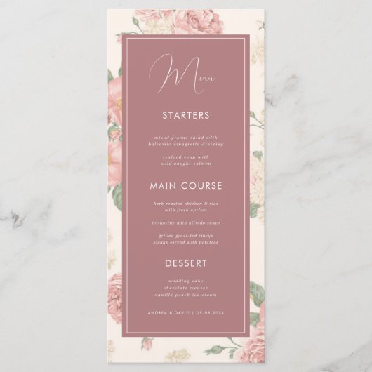 Dusty Pink  Floral Botanical Weddenschap Dinner Menu (Voorkant)