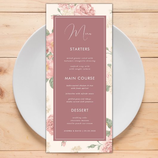 Dusty Pink  Floral Botanical Weddenschap Dinner Menu