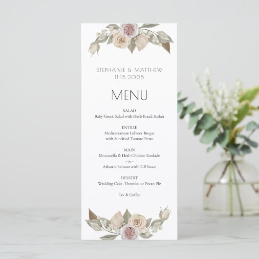 Dusty Pink Floral Botanical Wedding Menu (Staand voorkant)