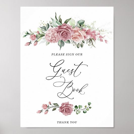 Dusty Pink Floral Bridal Shower Guest Book Poster (Voorkant)