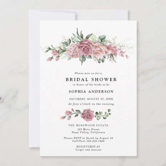 Dusty Pink Floral Bridal Shower Invitation Kaart (Voorkant)