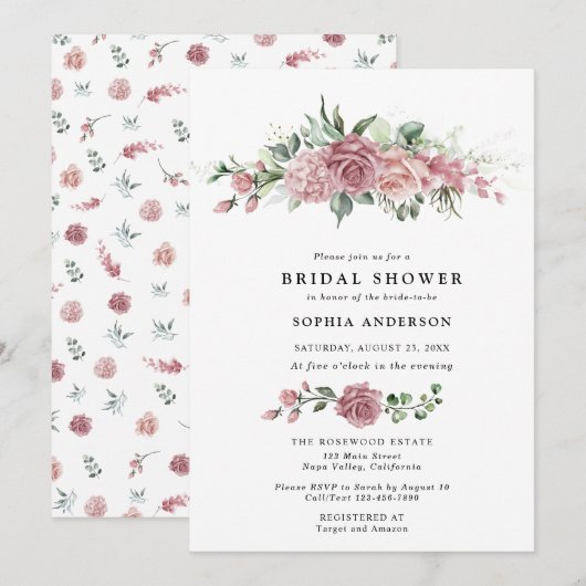 Dusty Pink Floral Bridal Shower Invitation Kaart (Voorkant / Achterkant)