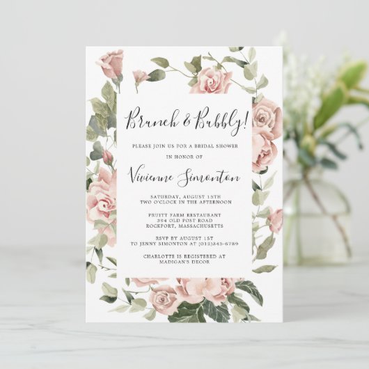 Dusty Pink Floral Brunch en Bubble Kaart (Staand voorkant)