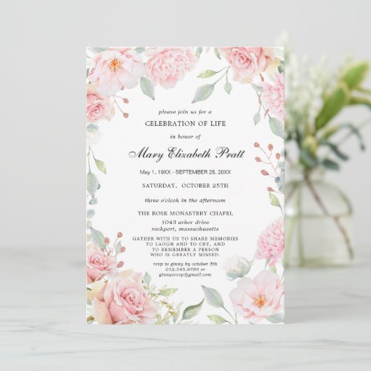 Dusty Pink Floral Celebration of Life Invitation Kaart (Staand voorkant)