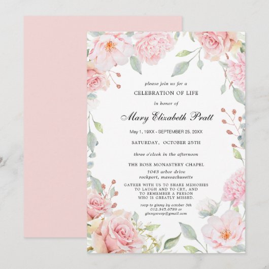 Dusty Pink Floral Celebration of Life Invitation Kaart (Voorkant / Achterkant)
