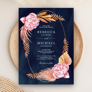 Dusty Pink Floral Dried Palm Leaves Navy Wedding Kaart