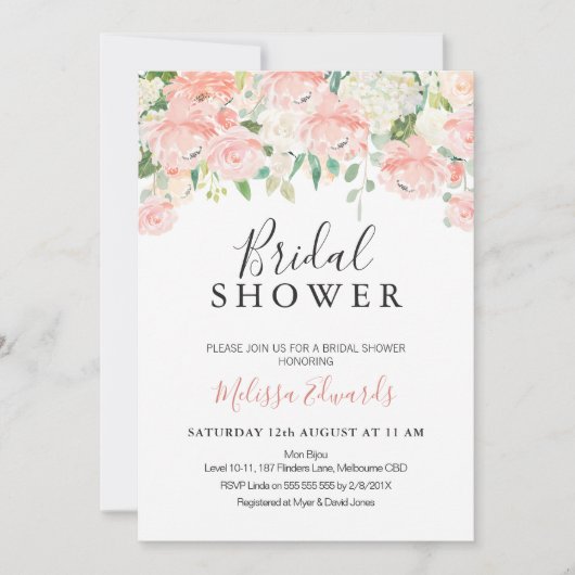 Dusty Pink Floral Drop Bridal Showuitnodiging Kaart (Voorkant)