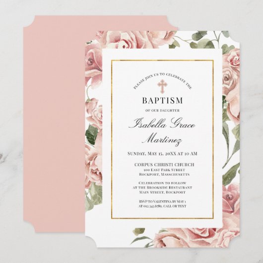 Dusty Pink Floral Elegant Baptisme Kaart (Voorkant / Achterkant)