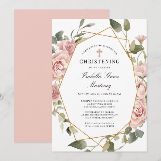 Dusty Pink Floral Elegant Christening Kaart (Voorkant / Achterkant)
