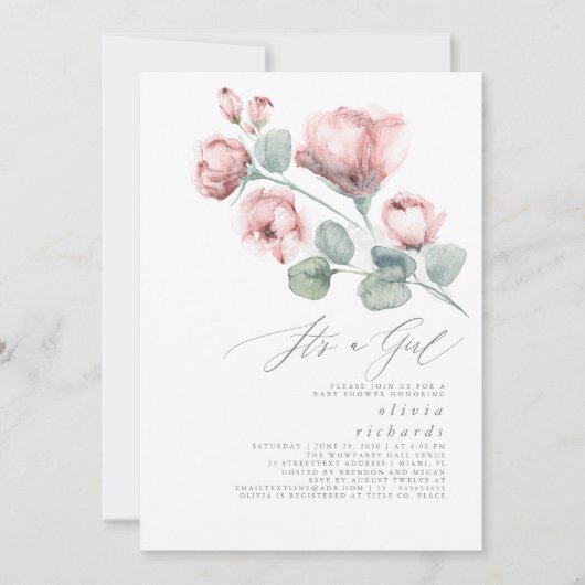 Dusty Pink Floral Elegant Het is een meisje Baby s Kaart (Voorkant)