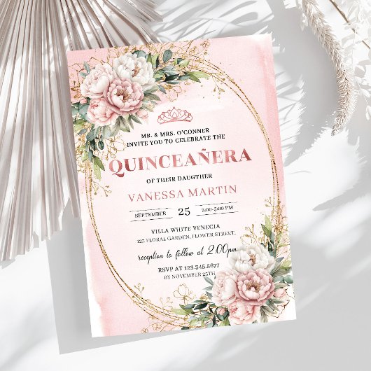 Dusty Pink Floral Eucalyptus 15th Birthday Invite Kaart