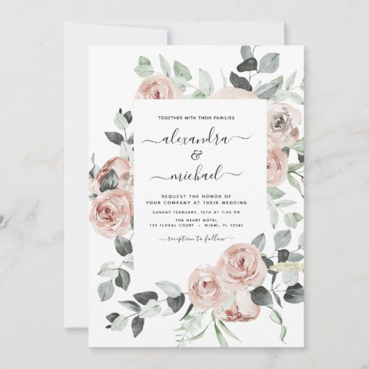 Dusty Pink Floral Eucalyptus Greenery Wedding Invi Kaart (Voorkant)