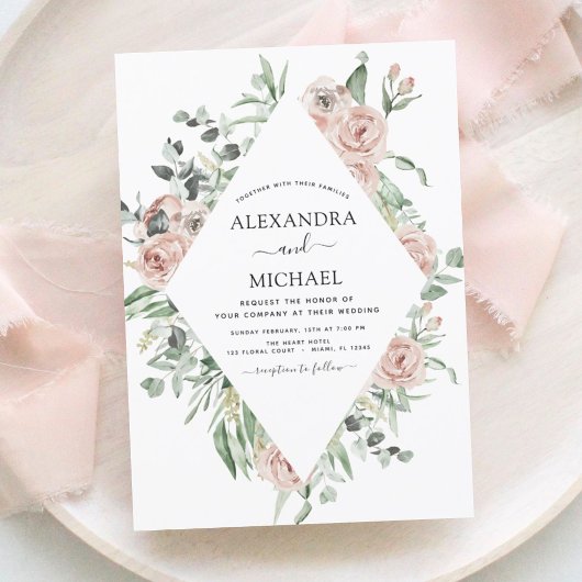 Dusty Pink Floral Eucalyptus Greenery Wedding Invi Kaart