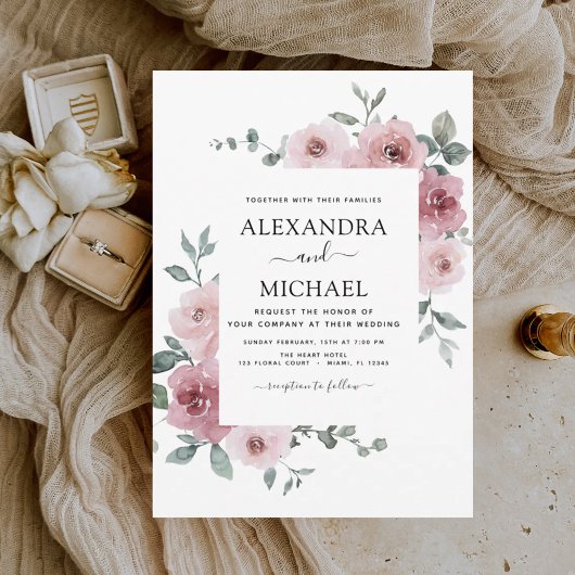 Dusty Pink Floral Eucalyptus Greenery Wedding Invi Kaart