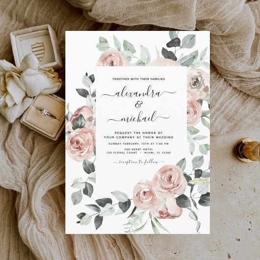 Dusty Pink Floral Eucalyptus Greenery Wedding Invi Kaart
