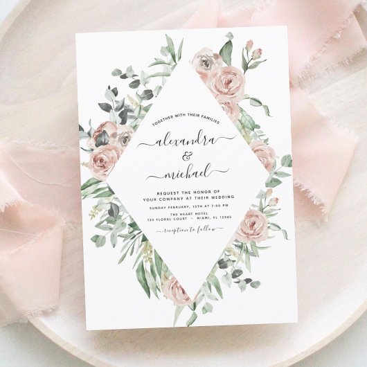 Dusty Pink Floral Eucalyptus Greenery Wedding Kaart
