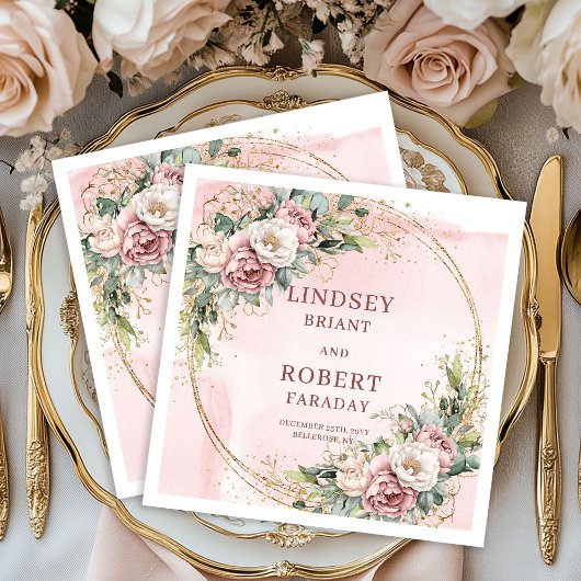 Dusty Pink Floral Eucalyptus Sparkle Gold Wedding Servet