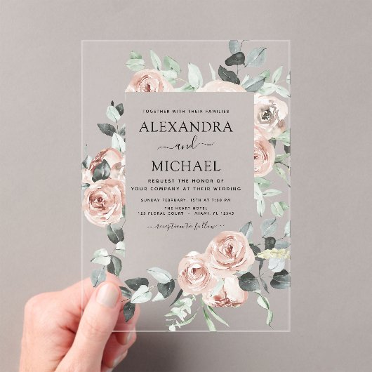 Dusty Pink Floral Eucalyptus Weddenschap Acryl Uitnodigingen (Insitu (Draagbaar))