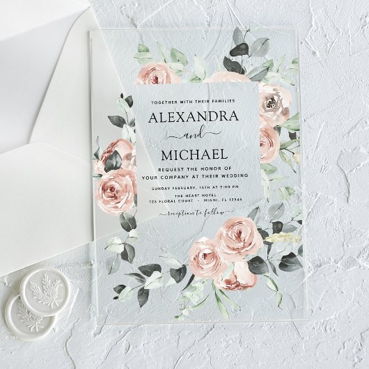 Dusty Pink Floral Eucalyptus Weddenschap Acryl Uitnodigingen