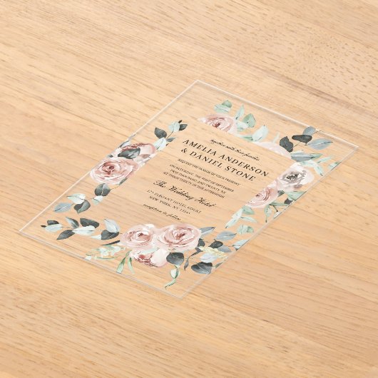Dusty Pink Floral Eucalyptus Weddenschap Acryl Uitnodigingen (Laagn)