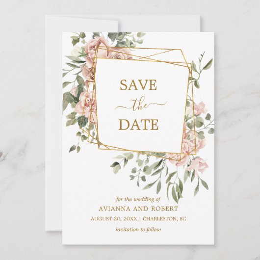 Dusty Pink Floral Foto Gold Geometric Lijst Save The Date (Voorkant)