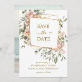 Dusty Pink Floral Foto Gold Geometric Lijst Save The Date (Voorkant / Achterkant)