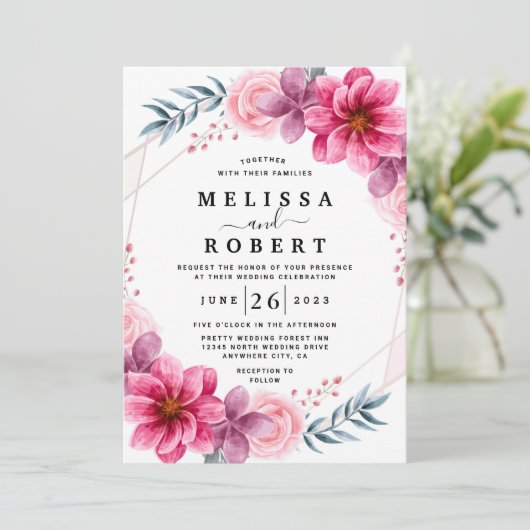 Dusty Pink Floral Geometric Greenery Wedding Kaart (Staand voorkant)