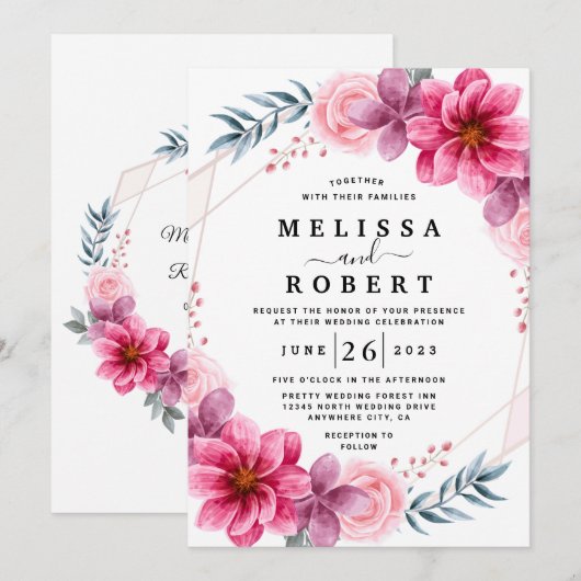 Dusty Pink Floral Geometric Greenery Wedding Kaart (Voorkant / Achterkant)
