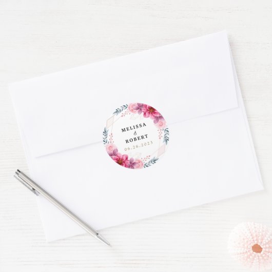 Dusty Pink Floral Geometric Greenery Wedding Ronde Sticker (Envelop)
