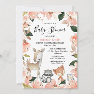 Dusty Pink Floral Girls Woodland Baby shower Invi Kaart