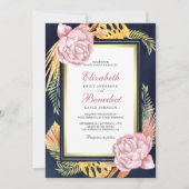 Dusty Pink Floral Gold Dried Palm Navy Wedding Kaart (Voorkant)