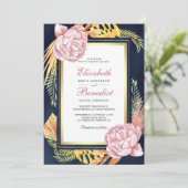 Dusty Pink Floral Gold Dried Palm Navy Wedding Kaart (Staand voorkant)