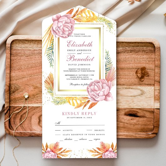 Dusty Pink Floral Gold Dried Palm Wedding All In One Uitnodiging
