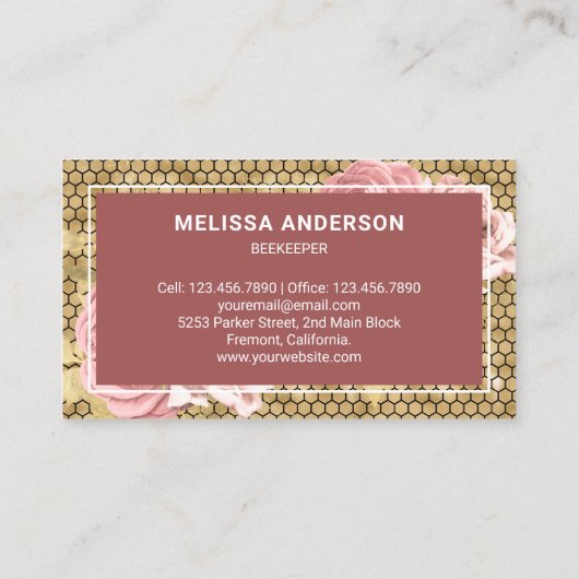 Dusty Pink Floral Gold Foil Honeycomb Honey Bee Visitekaartje (Achterkant)