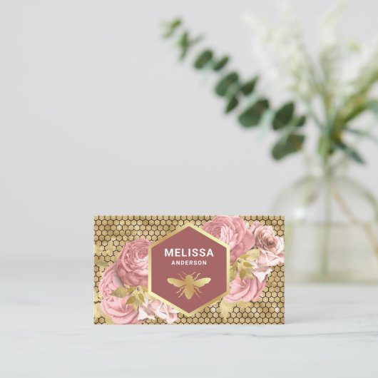 Dusty Pink Floral Gold Foil Honeycomb Honey Bee Visitekaartje (Staand voorkant)