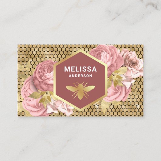 Dusty Pink Floral Gold Foil Honeycomb Honey Bee Visitekaartje (Voorkant)